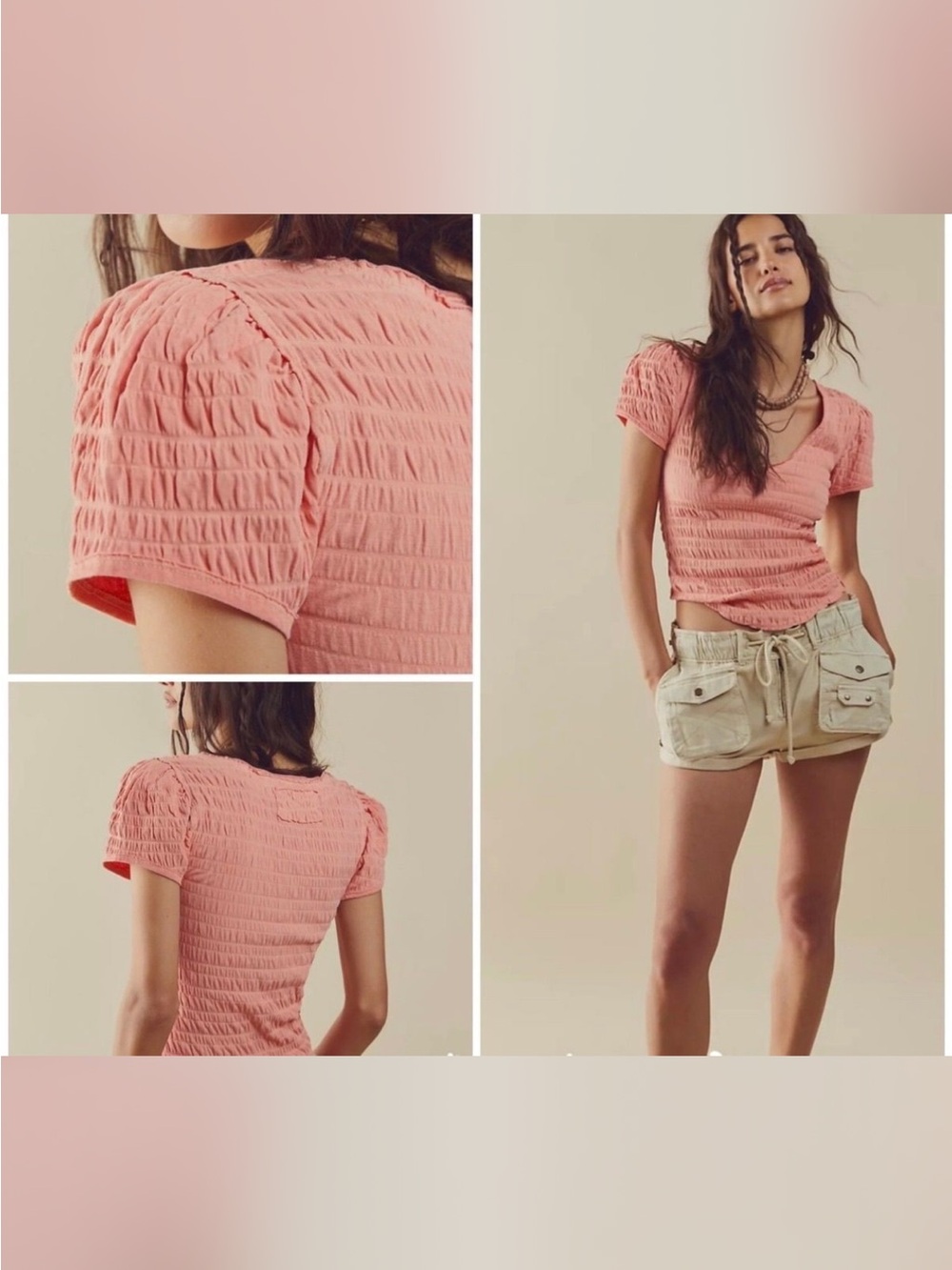 Free people  Pink Textured Short-Sleeve V-Neck Top net size xl